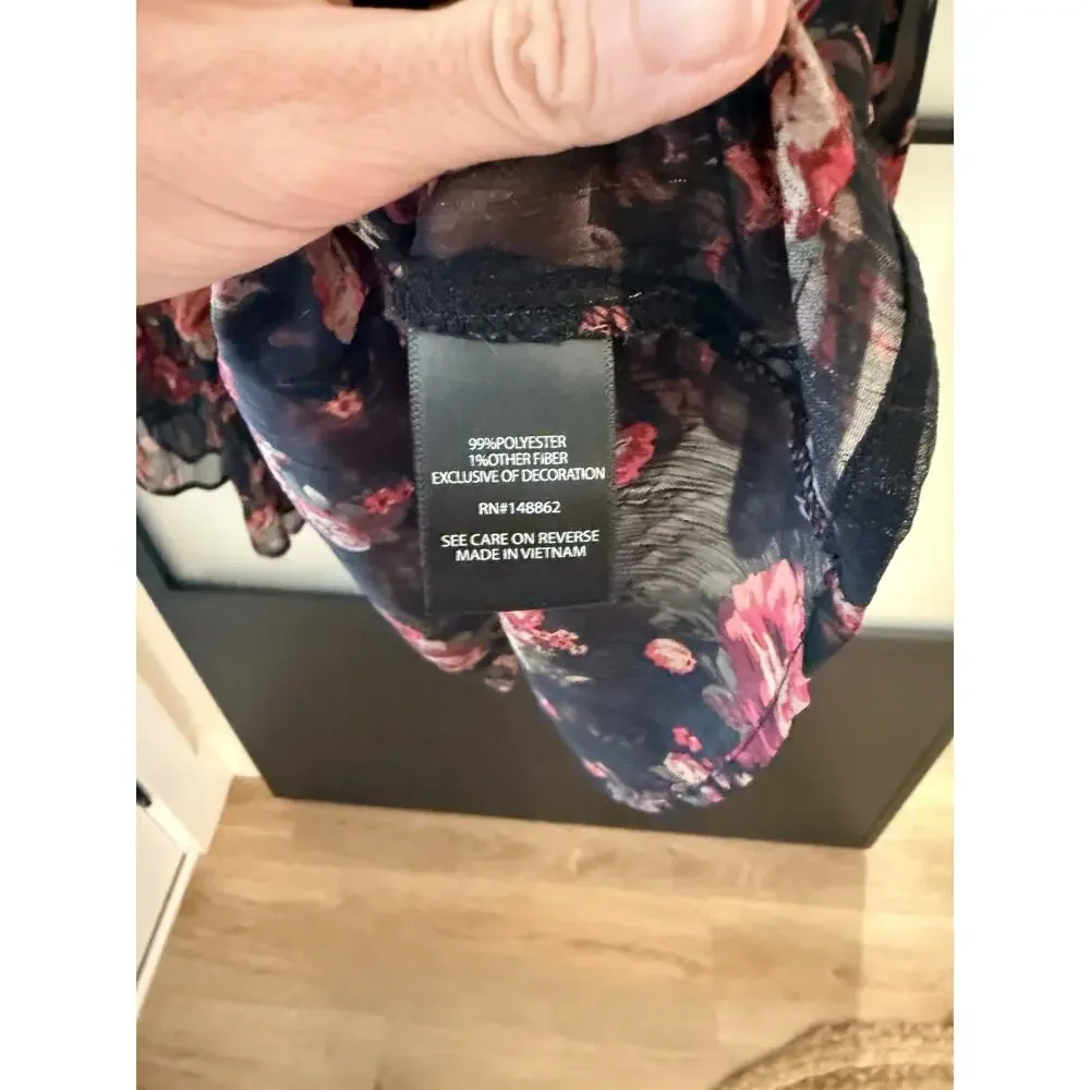 Torrid Top Blouse Black Sheer Red Rose Babydoll Chiffon Floral Plus Size 2 2X